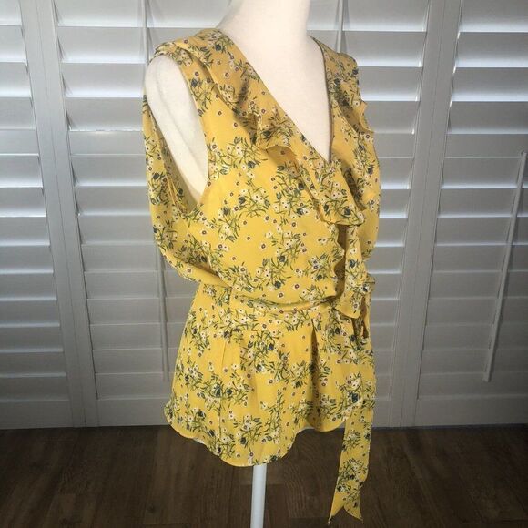 Max Studio Women's Yellow Floral Surplice Ruffle Peplum Top Tie at Waist Small - Picture 2 of 11